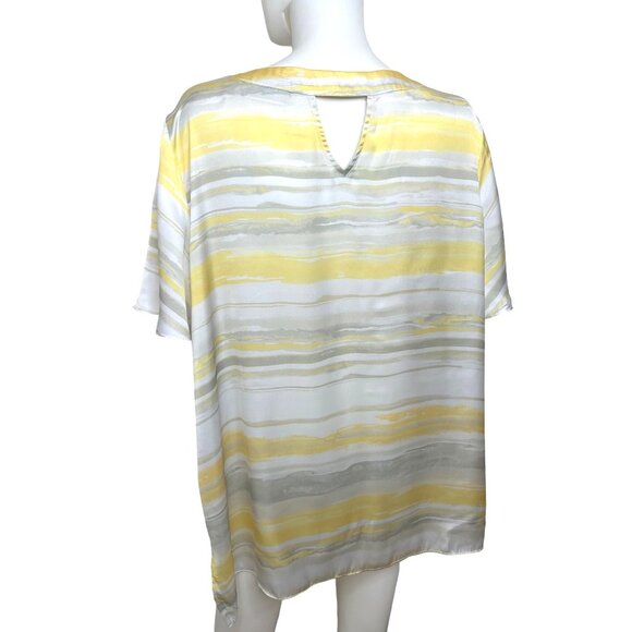 Susan Graver Women’s Tunic Top XL V-Neck Yellow Grey White Horizontal Stripes - Picture 4 of 12